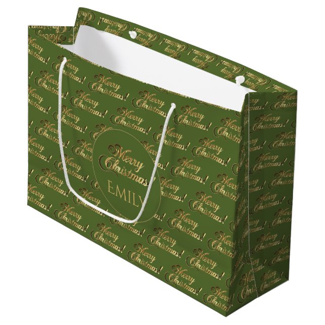 Frohe Weihnachten Elegant Olive Green Gold Script Große Geschenktüte (Vorderseite Schrägansicht)