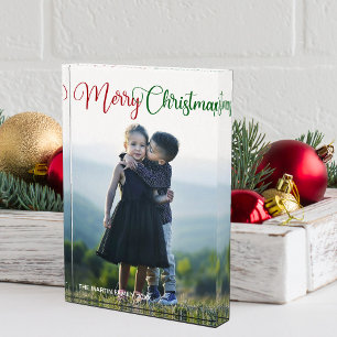 Frohe Weihnachten Elegant Red Green Script Familie Fotoblock