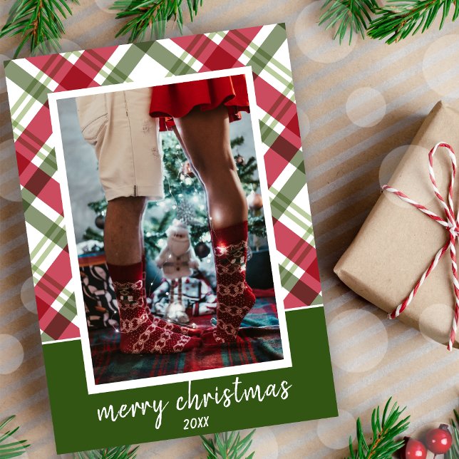 Frohe Weihnachten Elegant Rotes Grün Kariertes Fot (Merry Christmas Elegant Red Green Plaid Photo Holiday Card)