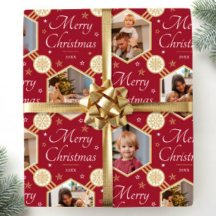 Frohe Weihnachten Elegant Snowflake Foto Deep Red Geschenkpapier