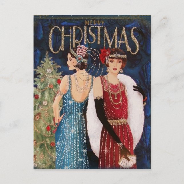 Frohe Weihnachten Elegant Vintag Retro Ladys Postkarte (Vorderseite)