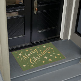 Frohe Weihnachten Elegante Script Gold Stars Green Fußmatte