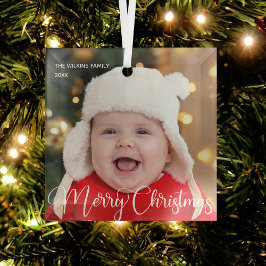 Frohe Weihnachten Elegantes White Script Baby Foto Ornament Aus Glas