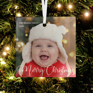 Frohe Weihnachten Elegantes White Script Baby Foto Ornament Aus Glas