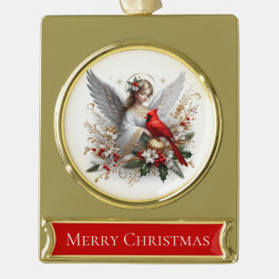 Frohe Weihnachten – Engel mit Kardinal Banner-Ornament Gold