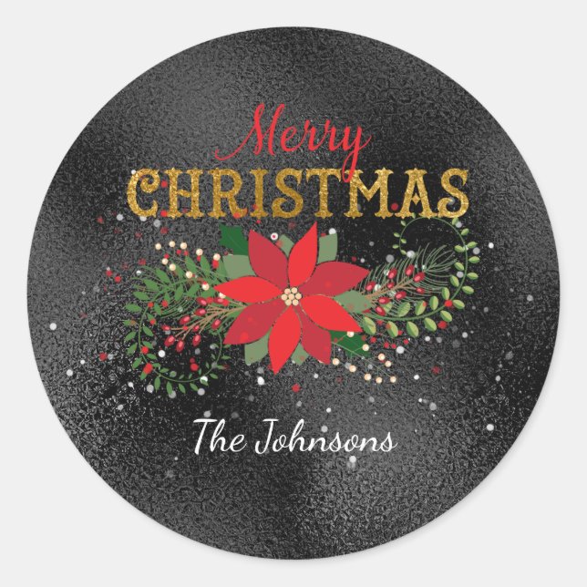 Frohe Weihnachten Englisch Black Gold Glass Runder Aufkleber (Vorderseite)