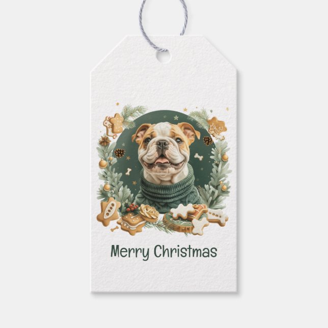 Frohe Weihnachten Englisch Bulldog Geschenkanhänger (Vorderseite)
