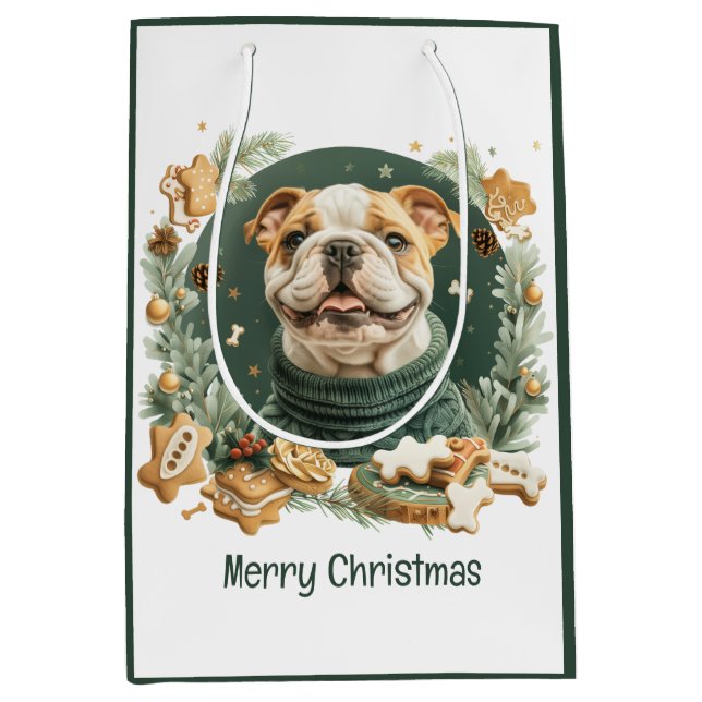 Frohe Weihnachten Englisch Bulldog Mittlere Geschenktüte (Vorderseite)