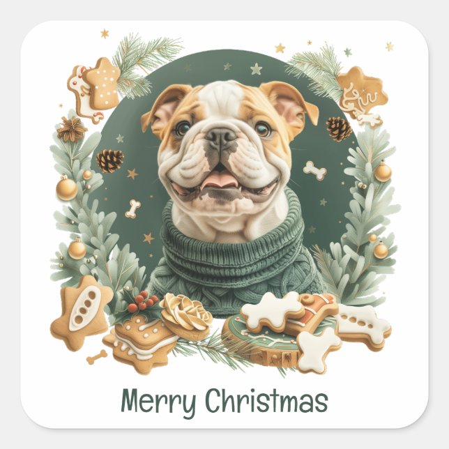 Frohe Weihnachten Englisch Bulldog Quadratischer Aufkleber (Vorderseite)
