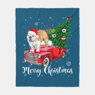 Frohe Weihnachten Englisch Bulldog Santa Red Truck Fleecedecke
