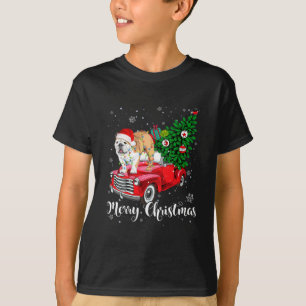 Frohe Weihnachten Englisch Bulldog Santa Red Truck T-Shirt
