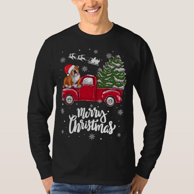 Frohe Weihnachten Englisch Bulldog Santa Red Truck T-Shirt (Vorderseite)