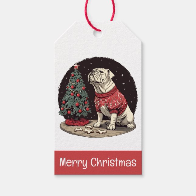 Frohe Weihnachten Englisch Bulldog Weihnachtsbaum Geschenkanhänger (Vorderseite)