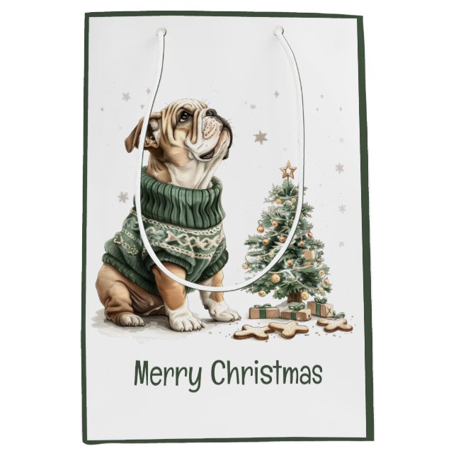 Frohe Weihnachten Englisch Bulldog Weihnachtsbaum Mittlere Geschenktüte (Vorderseite)