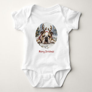 Frohe Weihnachten English Bulldog Reindeer Baby Strampler