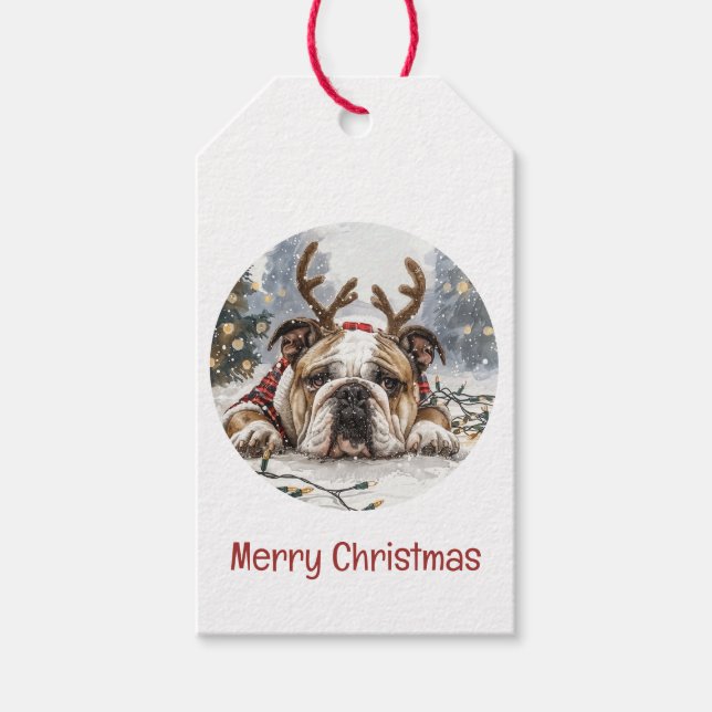 Frohe Weihnachten English Bulldog Reindeer Geschenkanhänger (Vorderseite)
