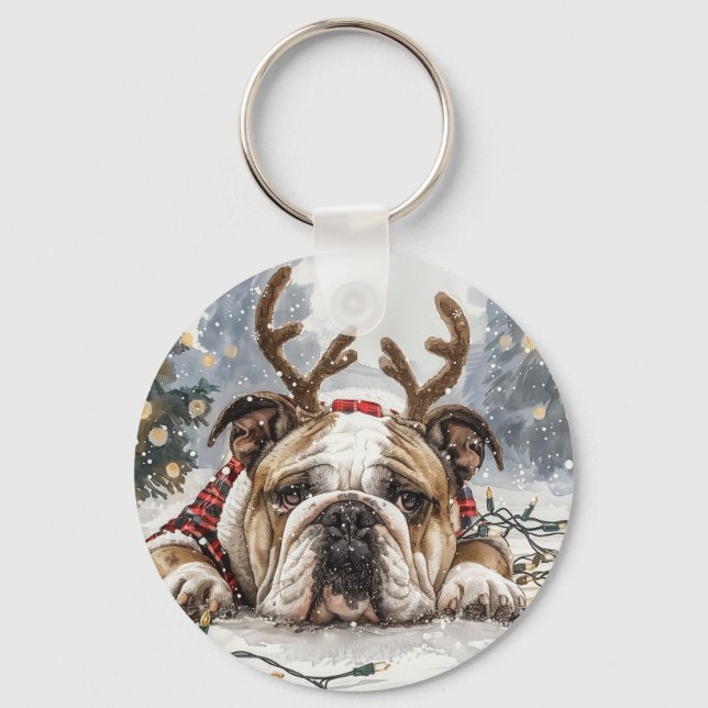 Frohe Weihnachten English Bulldog Reindeer Schlüsselanhänger (Vorderseite)