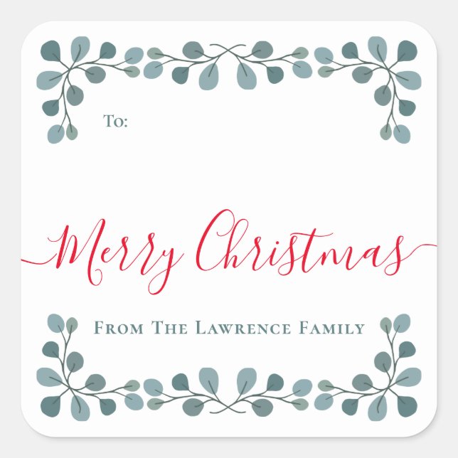 Frohe Weihnachten Eukalyptus-Blätter Weihnachtsges Quadratischer Aufkleber (Vorderseite)