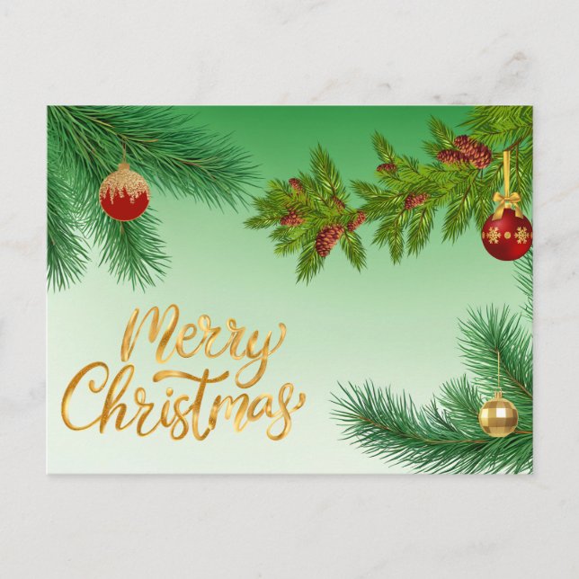 Frohe Weihnachten Evergreen Branches mit Ornamente (Vorderseite)