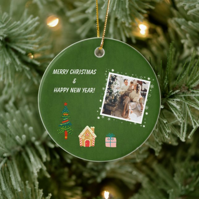 Frohe Weihnachten Evergreen Family Foto Keramik Ornament (Baum)