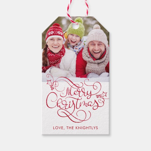 Frohe Weihnachten Extravagante Script Red Glitzer Geschenkanhänger (Vorderseite)