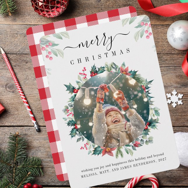 Frohe Weihnachten Familie Foto Mistletoe Berries (Merry Christmas Family Photo Mistletoe Berries Holiday Card)