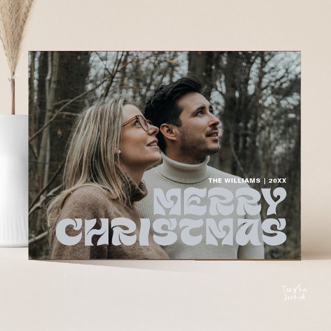 Frohe Weihnachten Familie Foto, stilvolle Elegant  Postkarte (Stylish Elegant, Merry Christmas Family Photo Chic Postcard in Romantic Chill Grey)
