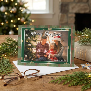 Frohe Weihnachten Familienfoto Grün Rot Kariert Einladung