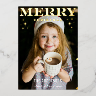 Frohe Weihnachten Familienfoto Schwarz Gold Sterne Folien Feiertagskarte