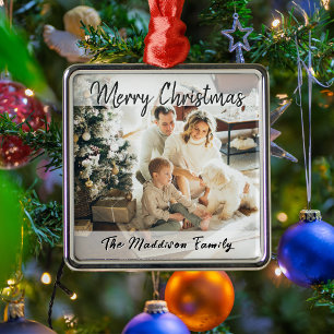 Frohe Weihnachten Familienfoto Schwarz-Weiß-Schrif Ornament Aus Metall