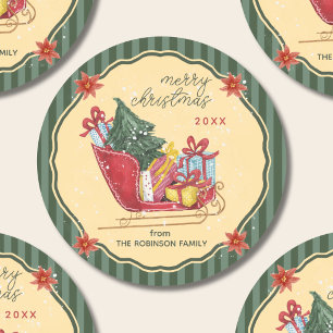 Frohe Weihnachten Familienname Schlitten Grüne Str Runder Aufkleber