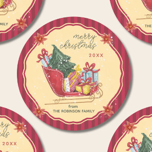 Frohe Weihnachten Familienname Schlitten Rote Stre Runder Aufkleber