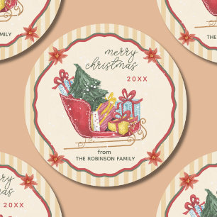Frohe Weihnachten Familienname Schlitten Streifen Runder Aufkleber