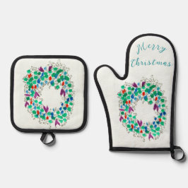 Frohe Weihnachten farbenfroher Kraut Ofenhandschuh & Topflappen-Set