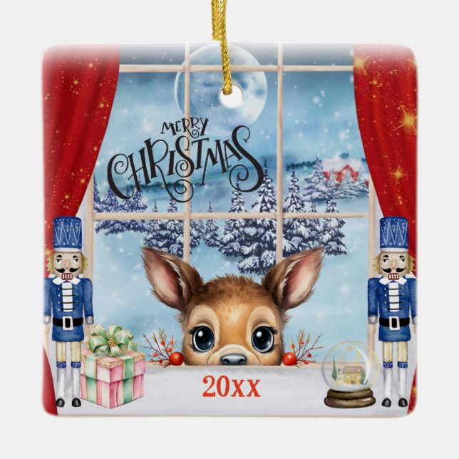 Frohe Weihnachten - Fawn Peeking Through Window Keramikornament (Vorderseite)