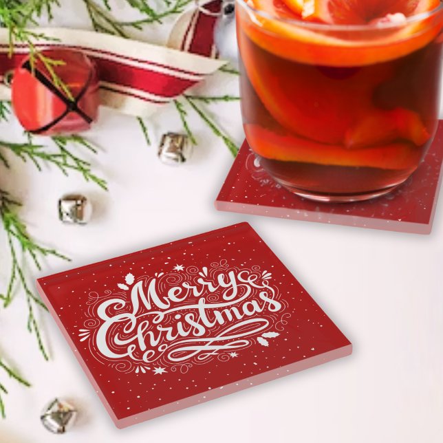 Frohe Weihnachten Feierlich rot und weiß Glasuntersetzer (Merry Christmas Festive Red and White Glass Coaster)