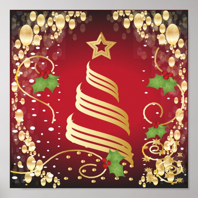 Frohe Weihnachten Feierliche Helle Rot und Gold Poster (Vorne)