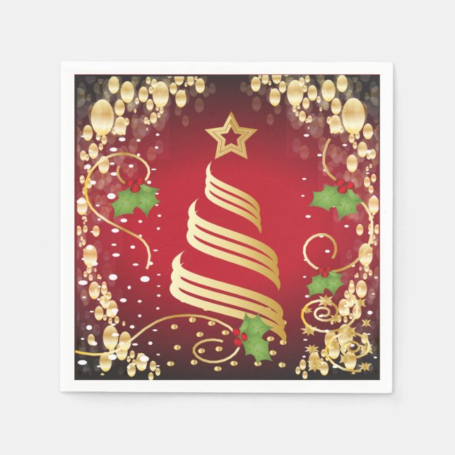 Frohe Weihnachten Feierliche Helle Rot und Gold Serviette (Vorderseite)