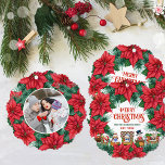 Frohe Weihnachten Feierliche Individuelle Name Fot Ornament Karte<br><div class="desc">Frohe Weihnachts-Festliche Blumenkarte Foto Ornament Card</div>