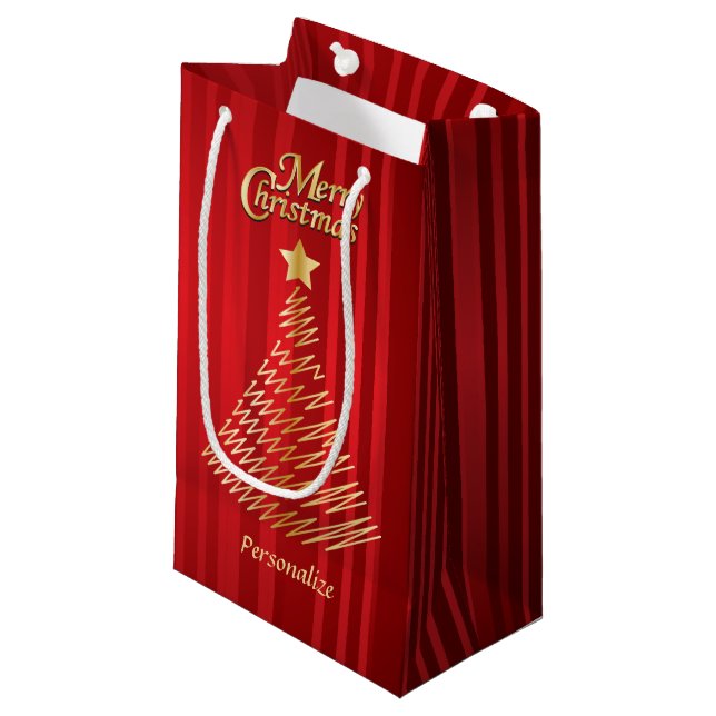 Frohe Weihnachten Feierliche Rot und Gold Tree Kleine Geschenktüte (Vorderseite Schrägansicht)