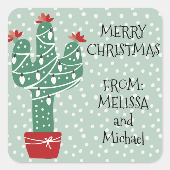 Frohe Weihnachten | Feliz Navidad Cactus Quadratischer Aufkleber (Vorderseite)