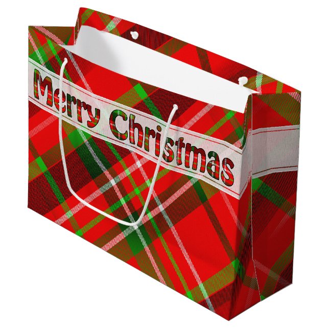 Frohe Weihnachten Festive Tartan Muster Red Green Große Geschenktüte (Vorderseite Schrägansicht)