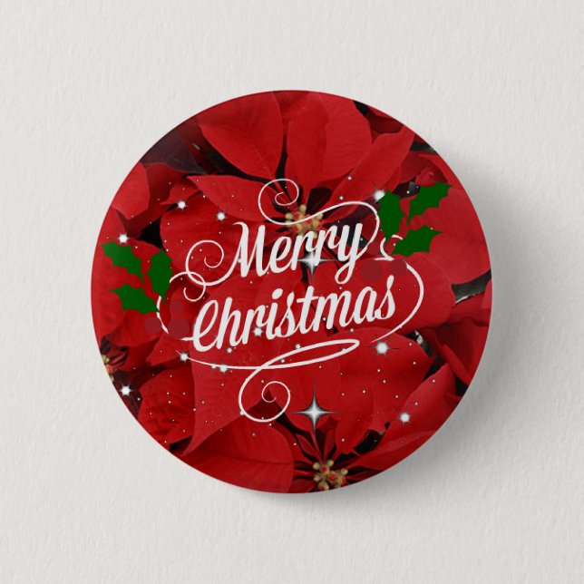 Frohe Weihnachten, festliche rote Poinsettien Button (Vorderseite)