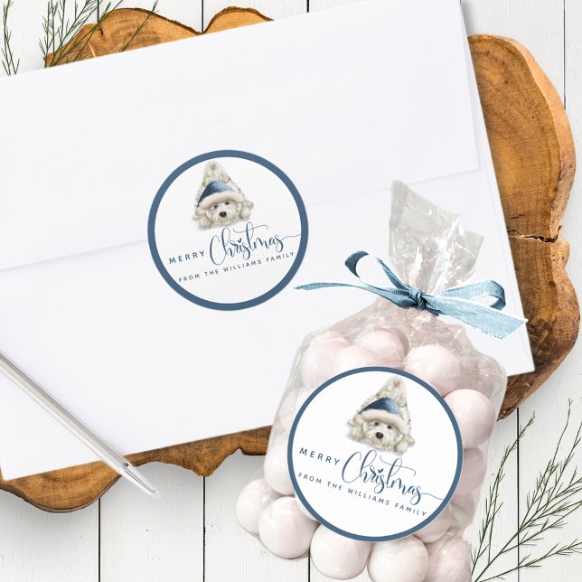 Frohe Weihnachten, festliche Welpe, Blau und Weiß Runder Aufkleber (Von Creator hochgeladen)