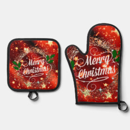Frohe Weihnachten, festliches Design, Ofenhandschuh & Topflappen-Set