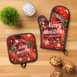 Frohe Weihnachten, festliches Design, Ofenhandschuh & Topflappen-Set