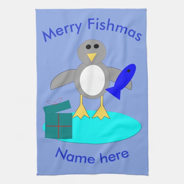 Frohe Weihnachten Fischen Pinguin Custom Handtuch (Vertikal)
