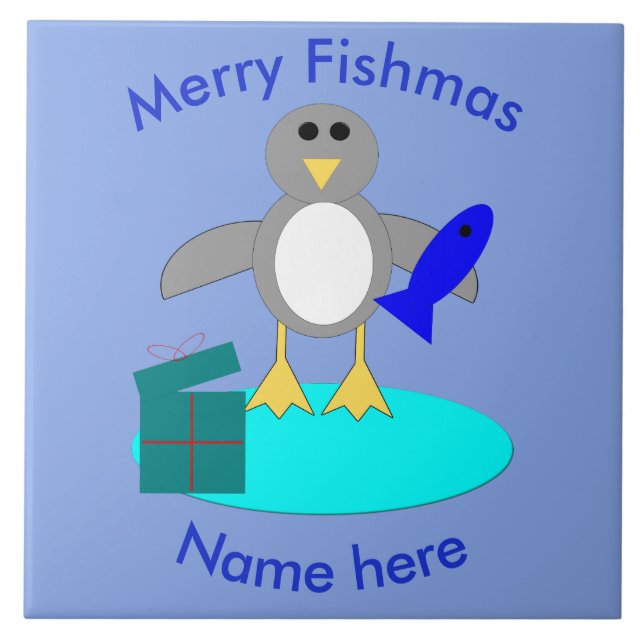 Frohe Weihnachten Fischen Pinguin Tile Fliese (Vorderseite)
