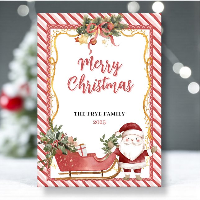 Frohe Weihnachten Flache Weihnachtskarte Santa Sch (Watercolor Santa and red sleigh festive Christmas card)