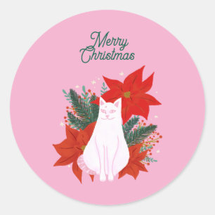 Frohe Weihnachten Floral Cat Runder Aufkleber